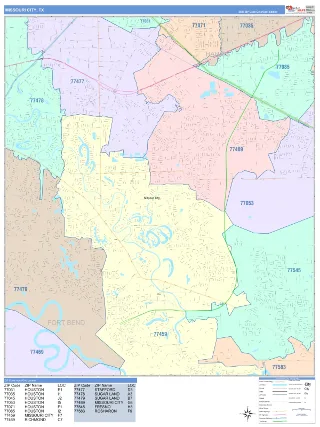 Missouri City, TX ColorCast style ZIP Code wall map