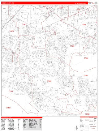 Missouri City, TX RedLine style ZIP Code wall map
