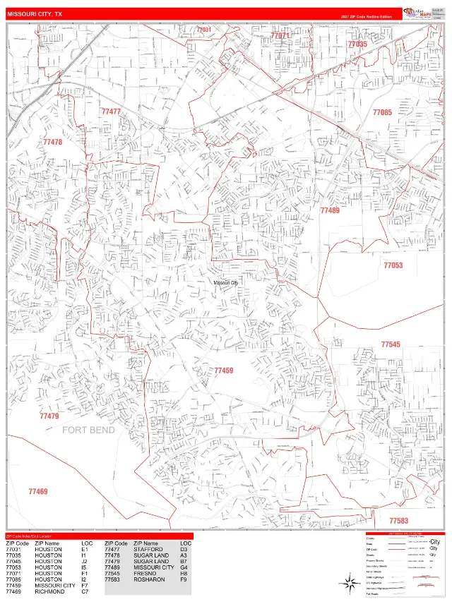 Missouri City, TX ZIP Code Wall Map, RedLine style