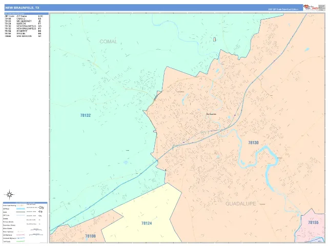 New Braunfels, TX ZIP Code Wall Map, ColorCast style