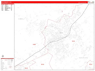 New Braunfels, TX RedLine style ZIP Code wall map