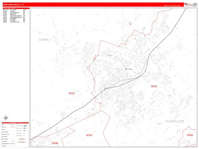 New Braunfels, TX ZIP Code Wall Map, RedLine style