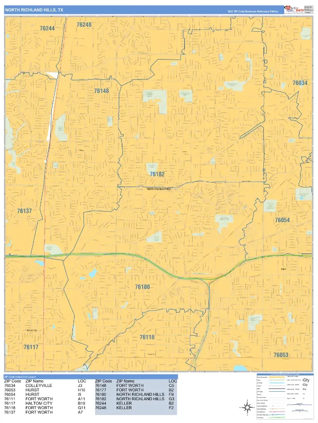 North Richland Hills, TX ZIP Code Wall Map, Business Reference style