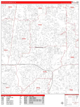 North Richland Hills, TX RedLine style ZIP Code wall map