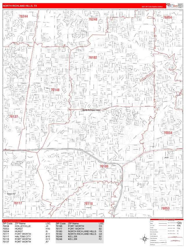 North Richland Hills, TX ZIP Code Wall Map, RedLine style
