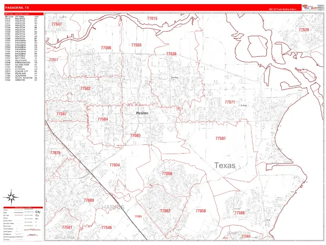 Pasadena, TX ZIP Code Wall Map, RedLine style