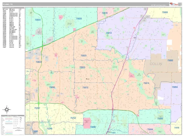 Plano, TX ZIP Code Wall Map, Classic style