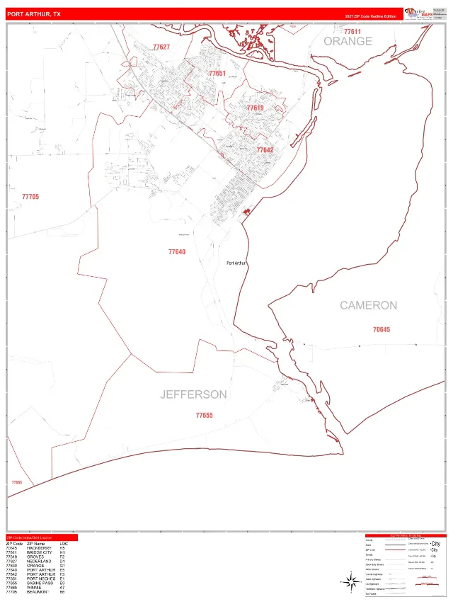 Port Arthur, TX ZIP Code Wall Map, RedLine style