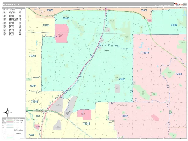 Richardson, TX ZIP Code Wall Map, Classic style