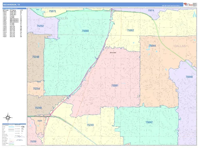 Richardson, TX ZIP Code Wall Map, ColorCast style