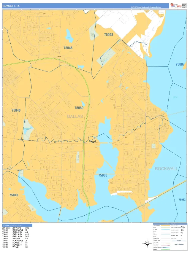 Rowlett, TX ZIP Code Wall Map, Business Reference style