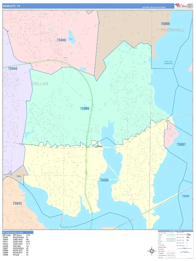 Rowlett, TX ZIP Code Wall Map, ColorCast style