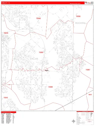 Rowlett, TX RedLine style ZIP Code wall map