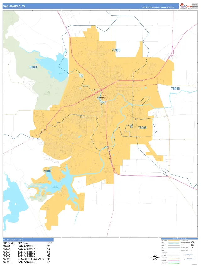 San Angelo, TX ZIP Code Wall Map, Business Reference style