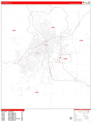 San Angelo, TX RedLine style ZIP Code wall map