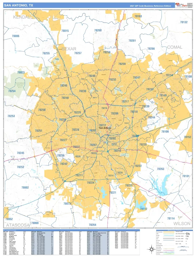 San Antonio, TX ZIP Code Wall Map, Business Reference style