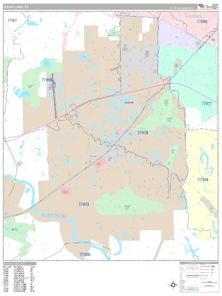 Sugar Land, TX Classic style ZIP Code wall map