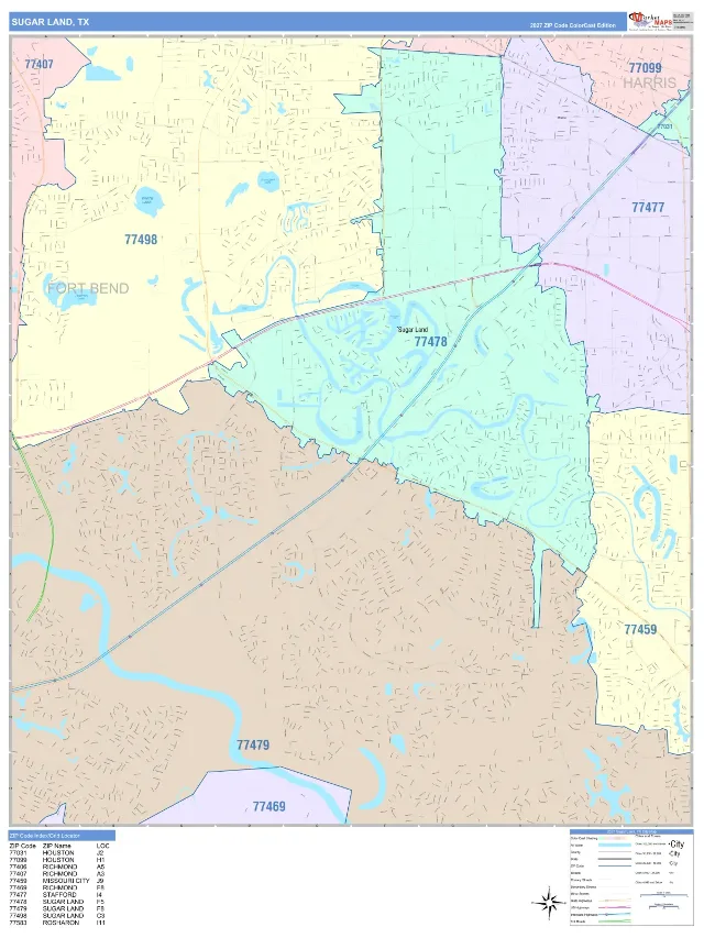 Sugar Land, TX ZIP Code Wall Map, ColorCast style