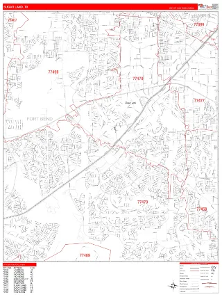 Sugar Land, TX RedLine style ZIP Code wall map