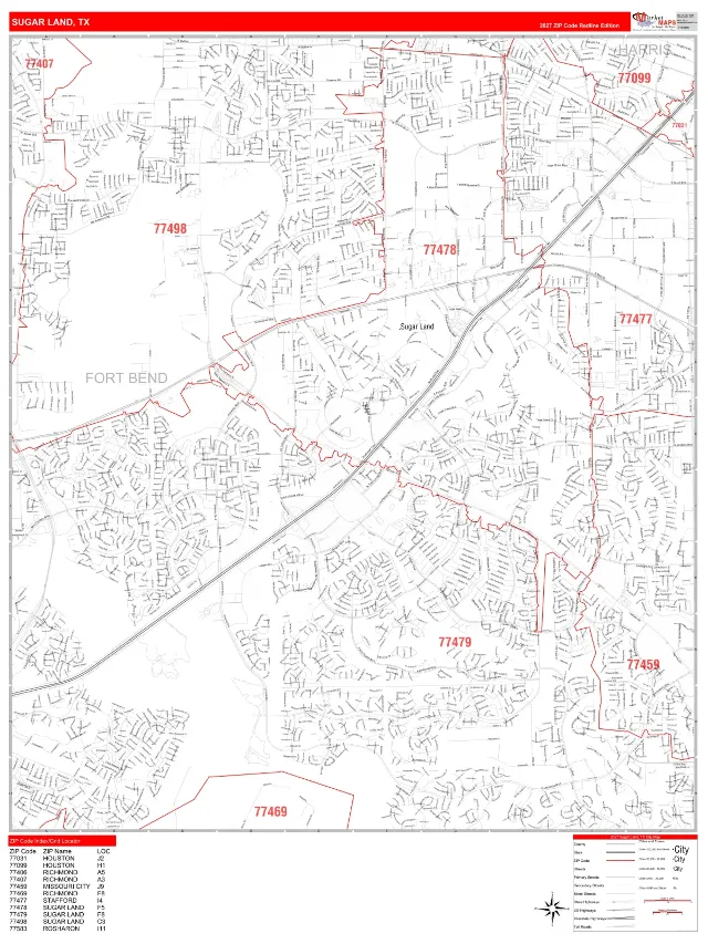 Sugar Land, TX ZIP Code Wall Map, RedLine style