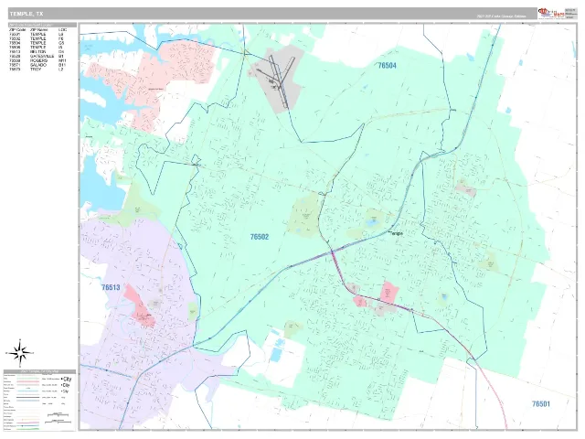Temple, TX ZIP Code Wall Map, Classic style