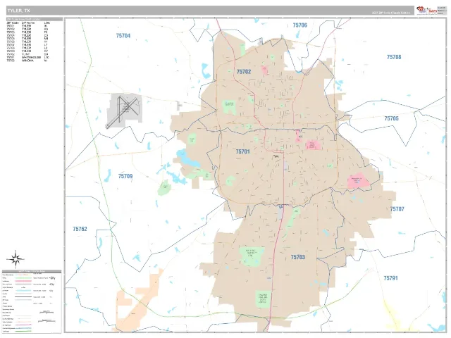 Tyler, TX ZIP Code Wall Map, Classic style