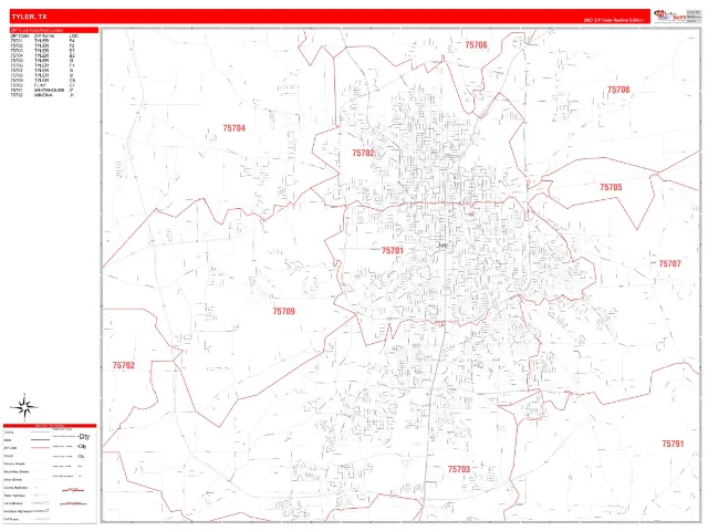 Tyler, TX ZIP Code Wall Map, RedLine style