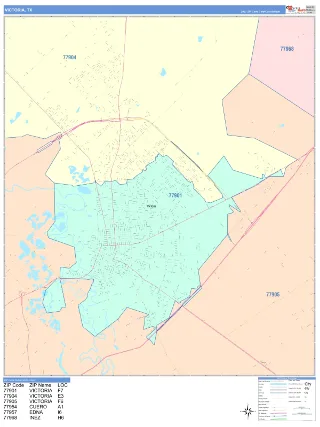 Victoria, TX ColorCast style ZIP Code wall map