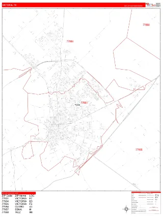 Victoria, TX RedLine style ZIP Code wall map