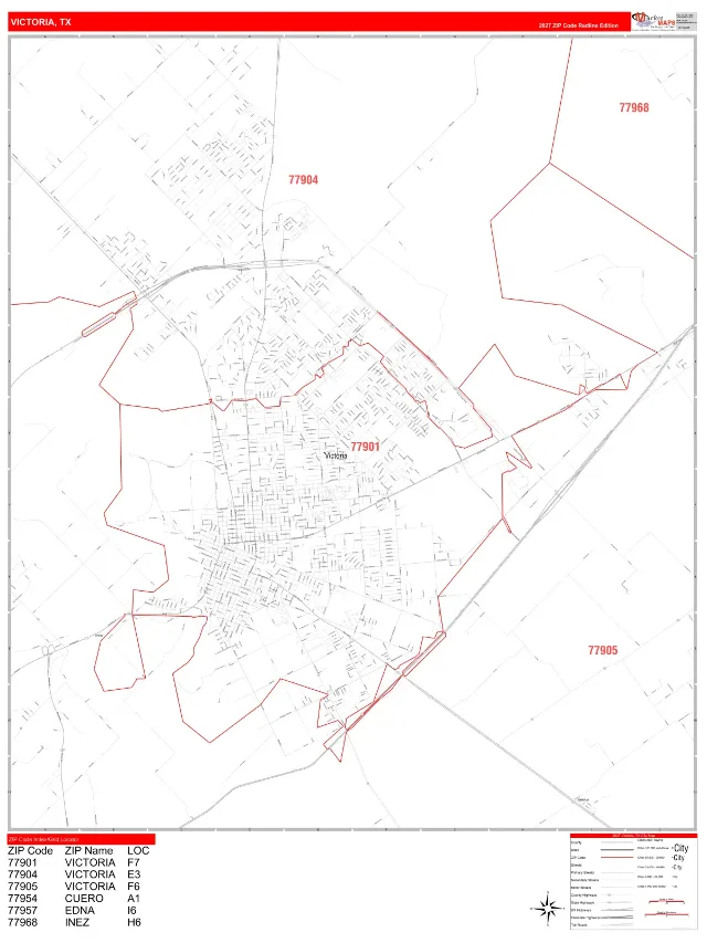 Victoria, TX ZIP Code Wall Map, RedLine style