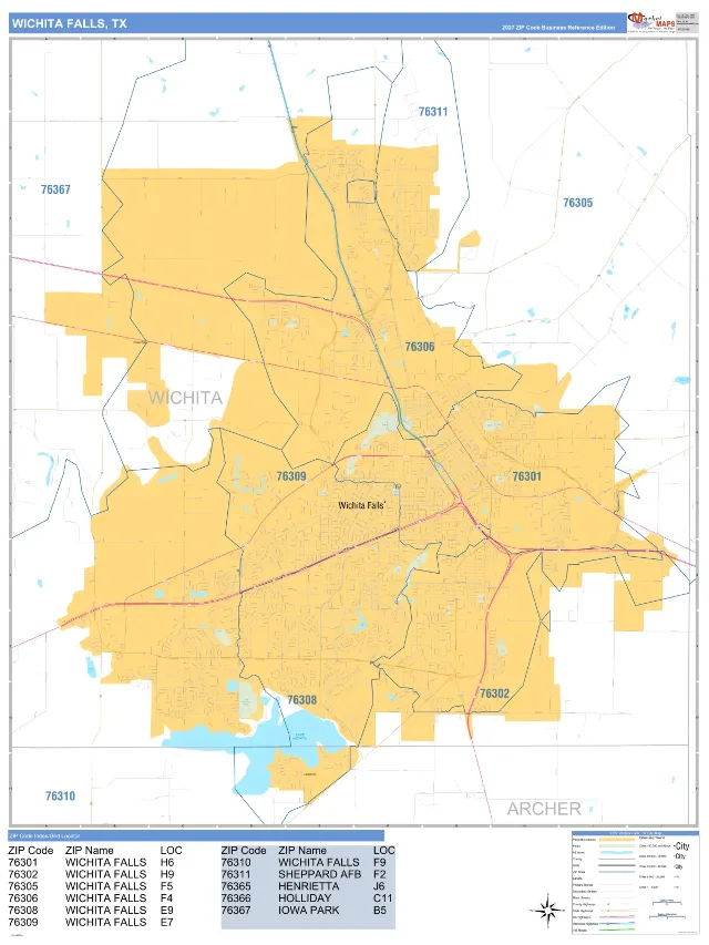 Wichita Falls, TX ZIP Code Wall Map, Business Reference style