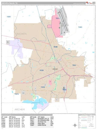 Wichita Falls, TX Classic style ZIP Code wall map