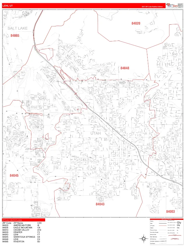 Lehi, UT ZIP Code Wall Map, RedLine style