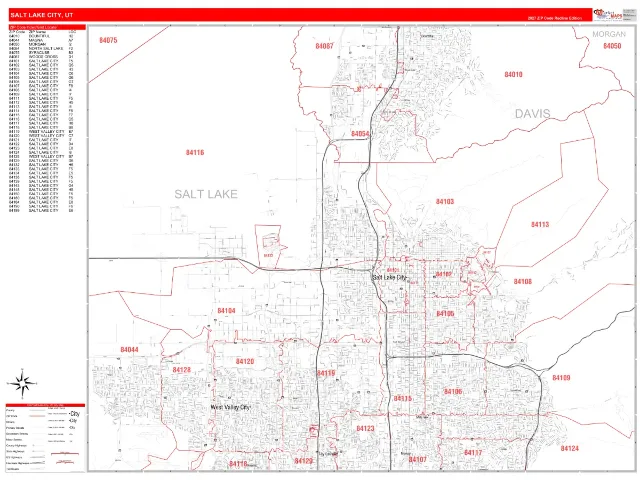 Salt Lake City, UT ZIP Code Wall Map, RedLine style