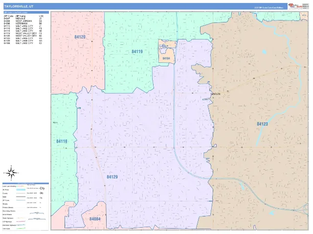 Taylorsville, UT ZIP Code Wall Map, ColorCast style