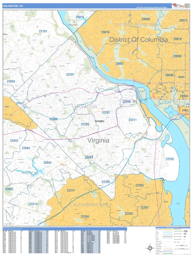 Arlington, VA ZIP Code Wall Map, Business Reference style