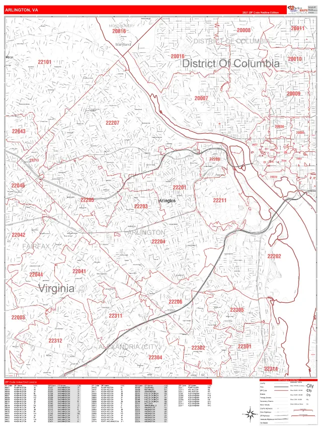 Arlington, VA ZIP Code Wall Map, RedLine style