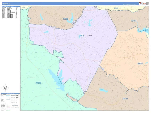 Burke, VA ZIP Code Wall Map, ColorCast style