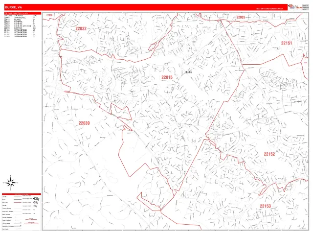 Burke, VA ZIP Code Wall Map, RedLine style