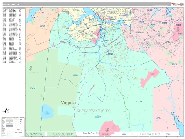 Chesapeake, VA ZIP Code Wall Map, Classic style