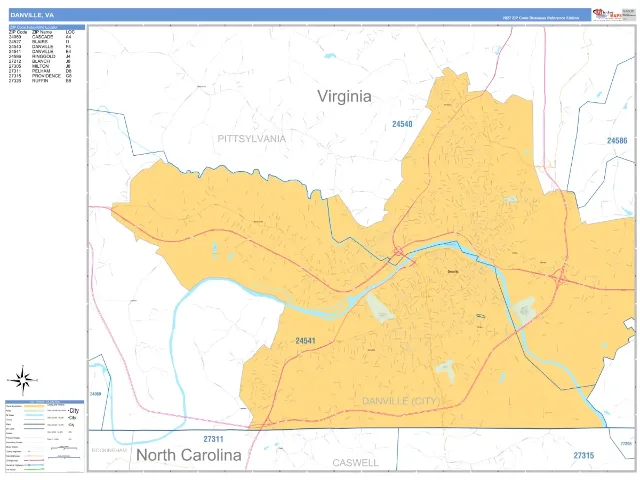 Danville, VA ZIP Code Wall Map, Business Reference style