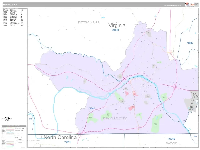 Danville, VA ZIP Code Wall Map, Classic style