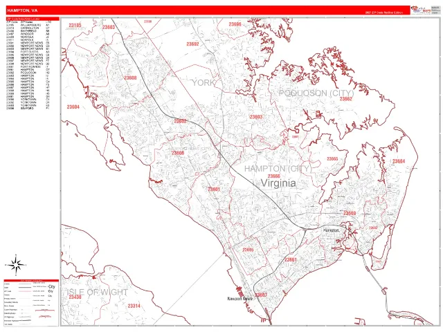 Hampton, VA ZIP Code Wall Map, RedLine style