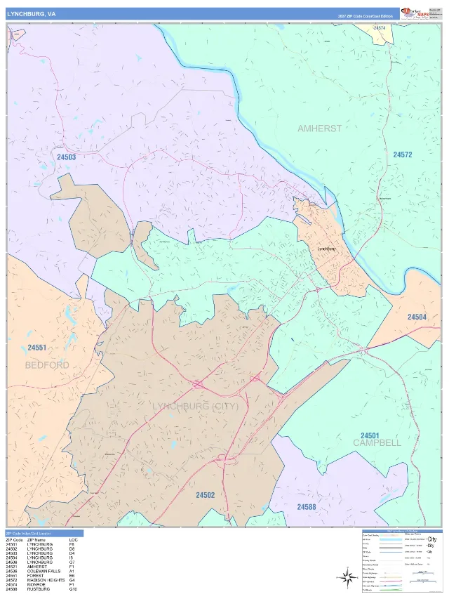 Lynchburg, VA ZIP Code Wall Map, ColorCast style