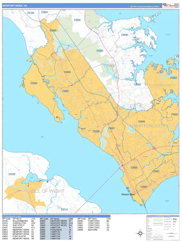 Newport News, VA ZIP Code Wall Map, Business Reference style