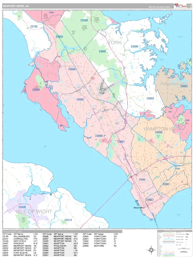 Newport News, VA ZIP Code Wall Map, Classic style