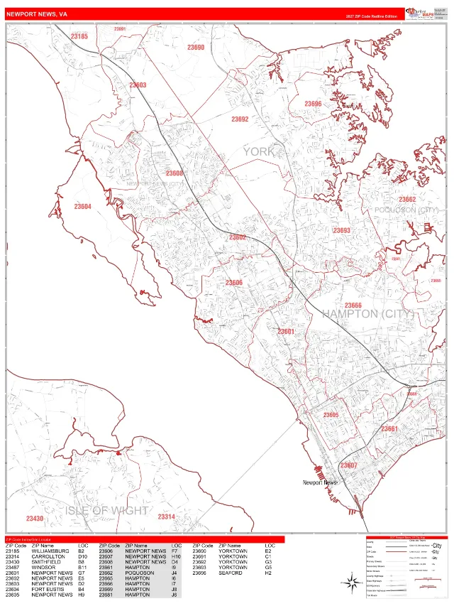 Newport News, VA ZIP Code Wall Map, RedLine style