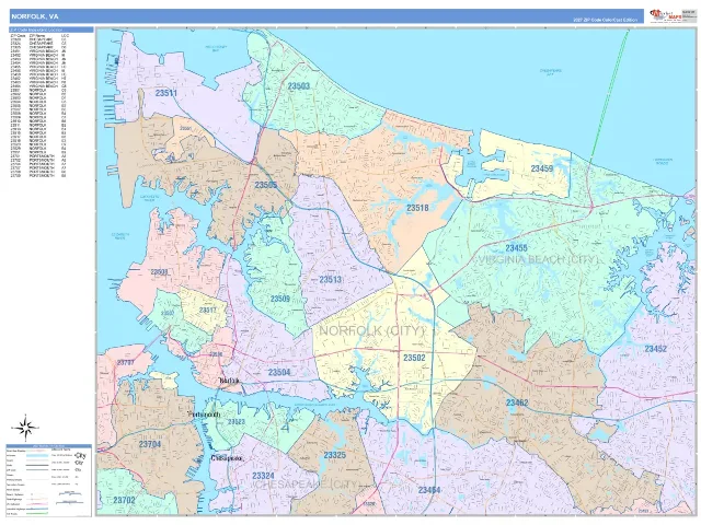 Norfolk, VA ZIP Code Wall Map, ColorCast style