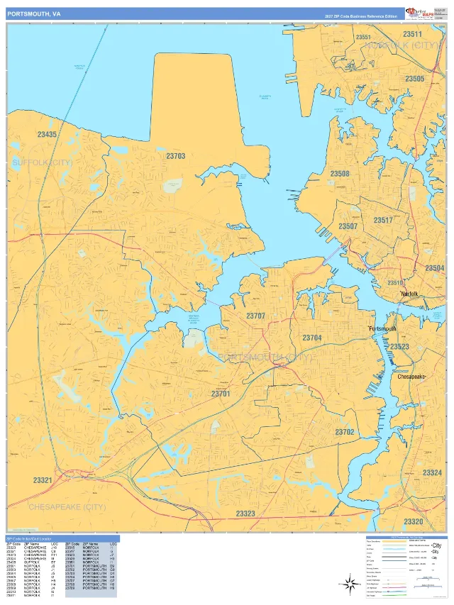 Portsmouth, VA ZIP Code Wall Map, Business Reference style