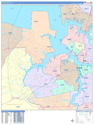 Portsmouth, VA ColorCast style ZIP Code wall map
